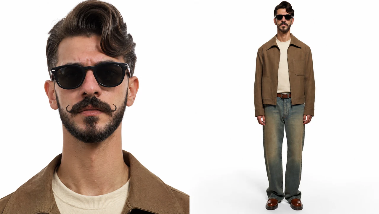 AI-generated portrait and full-length character study of Youssef Elfar, wearing sunglasses and a brown jacket