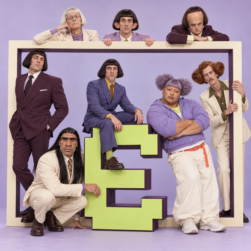 Eight VANTA AI characters with a lime pixel E in a lavender campaign set